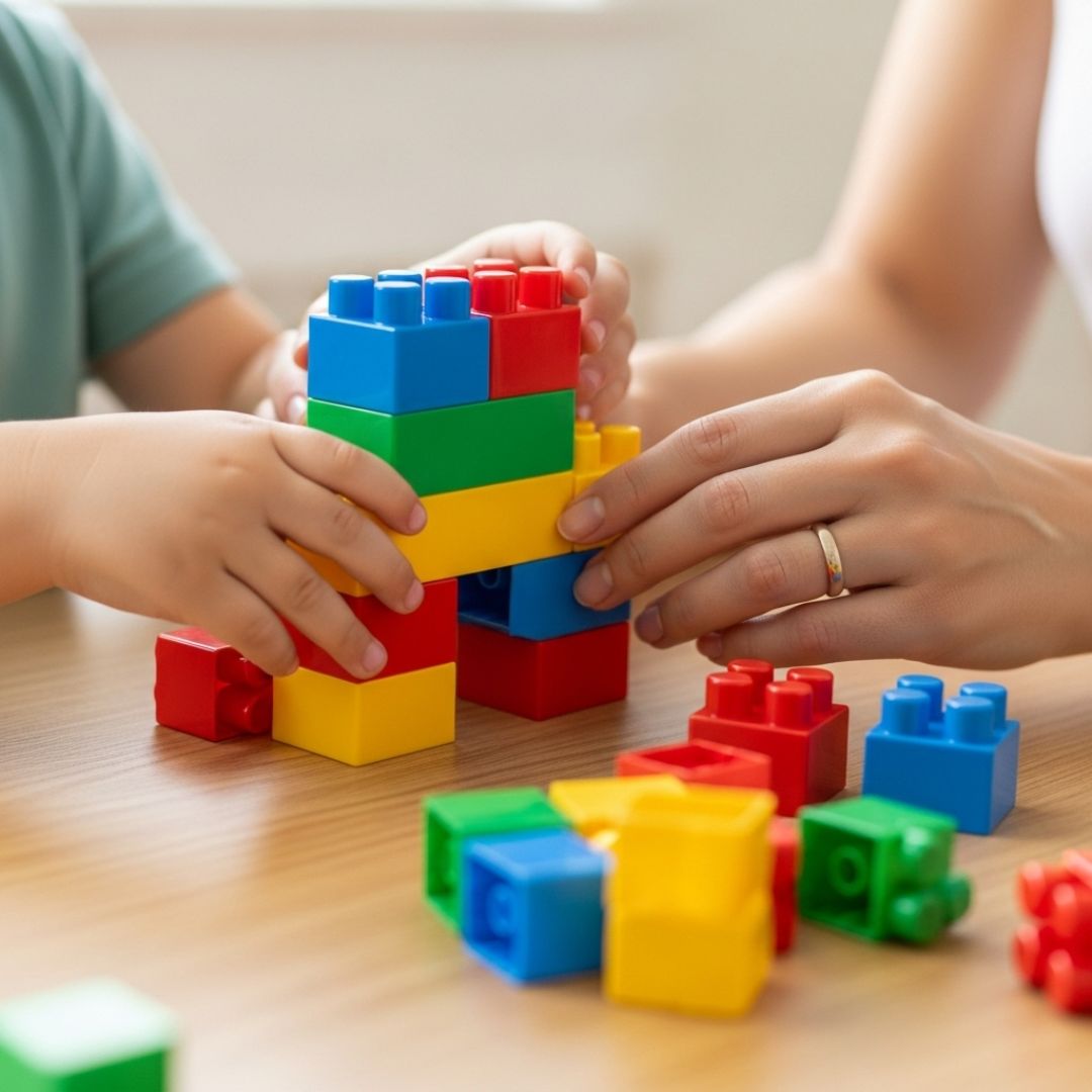 a child and adult's hands playing together with colorful building blocks on a wooden table