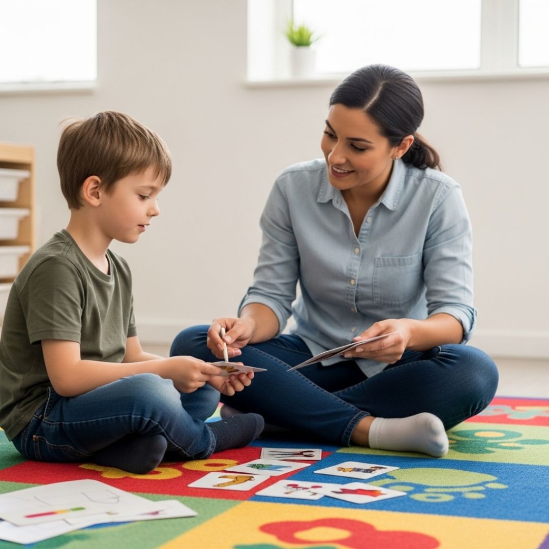 child and a therapist sitting on a colorful rug, using picture cards to communicate