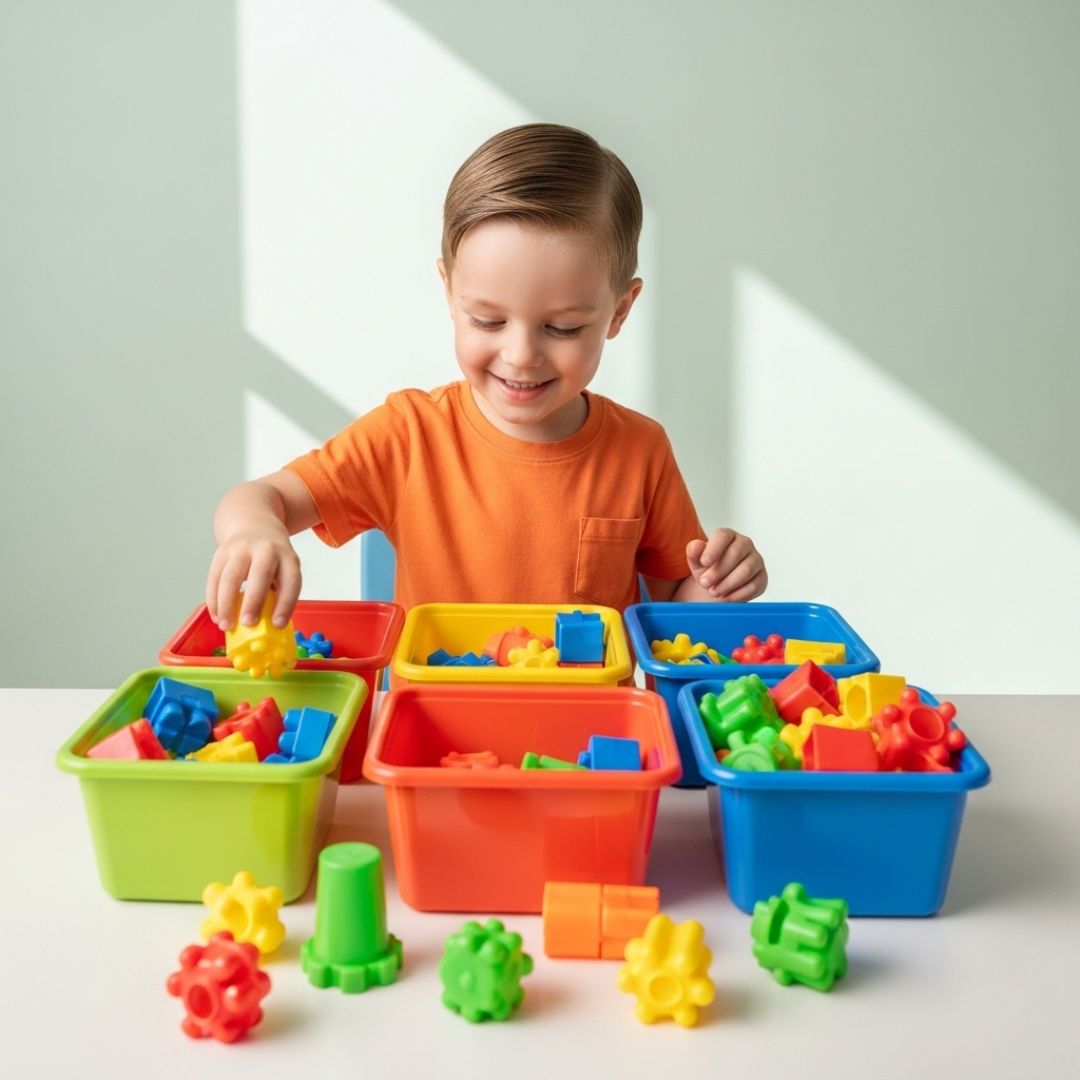 child happily sorting colorful objects into different bins