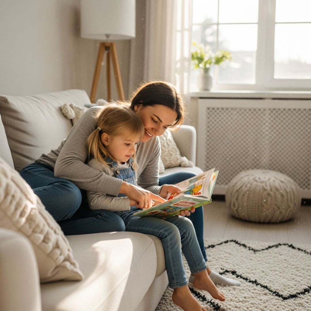 parent and child reading a book together