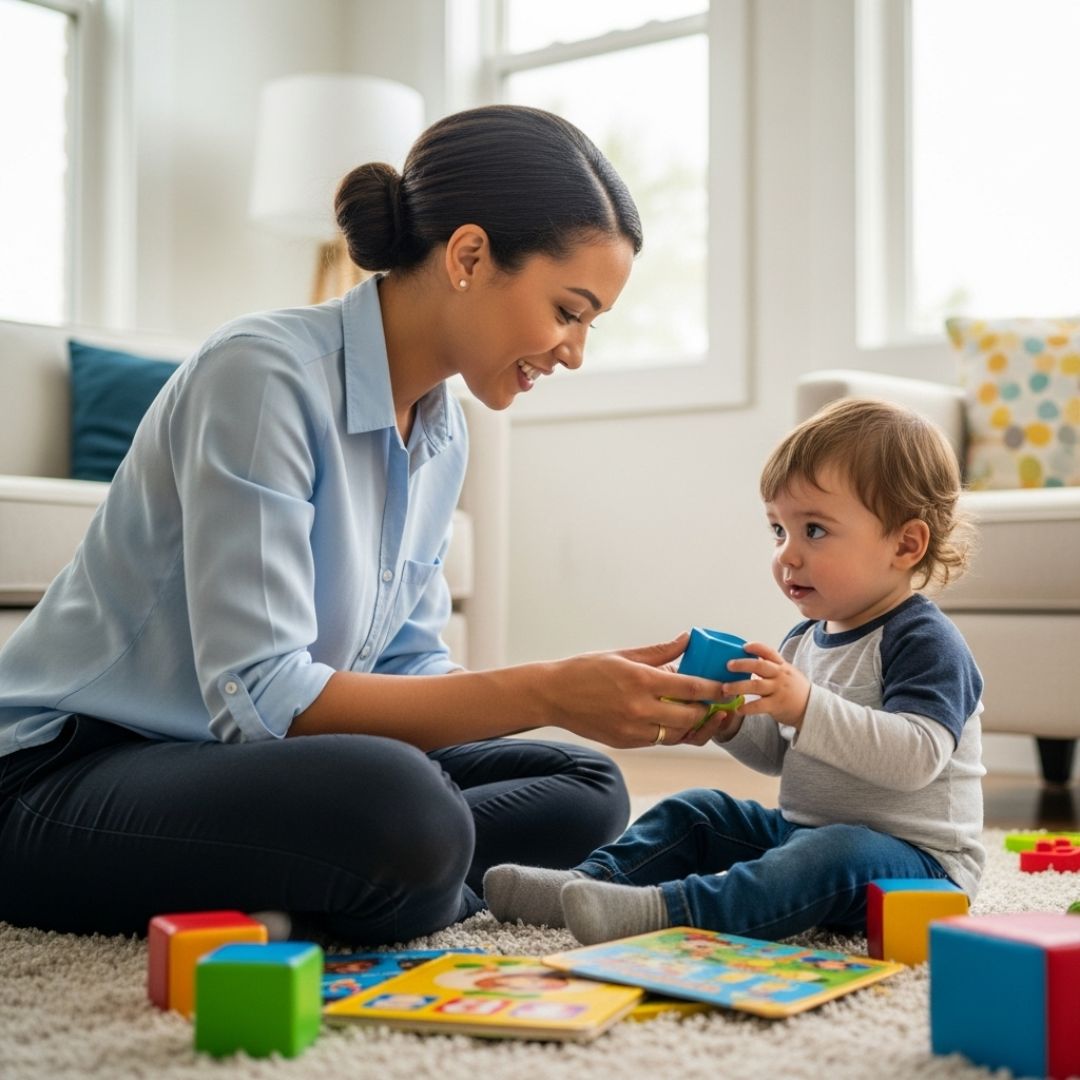therapist playing with child on floor