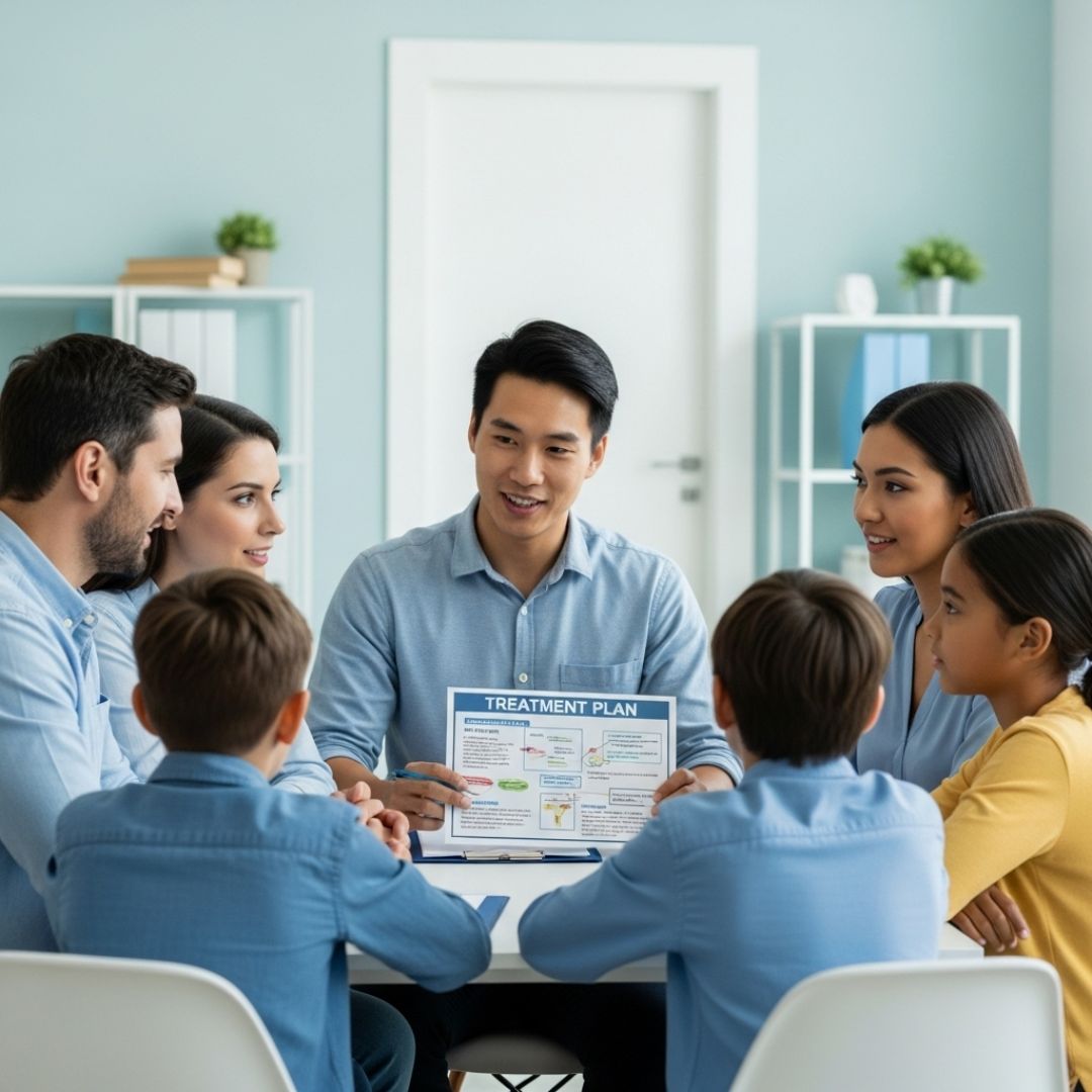 therapist talking to family about personalized plan for child