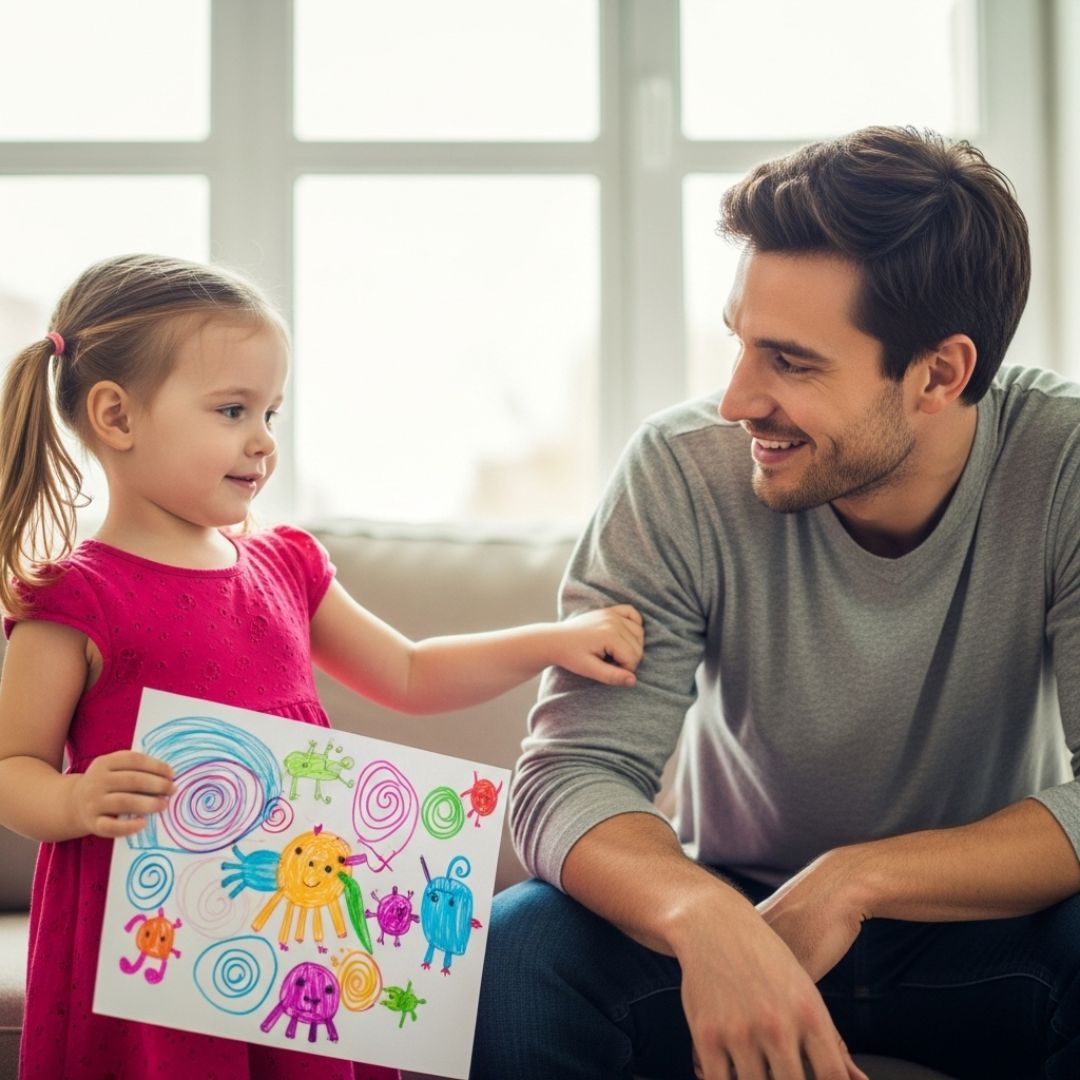 daughter showing father her artwork