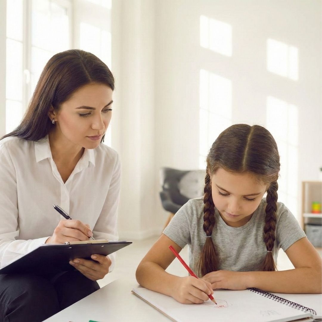 behavior analyst observes a young girl drawing, taking notes