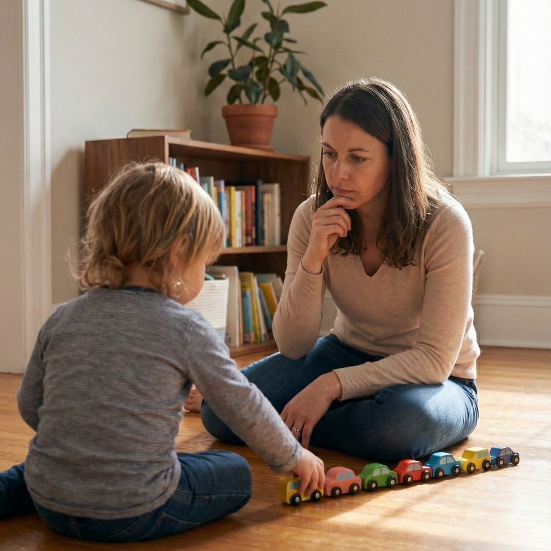worried mom watching toddler line up cars