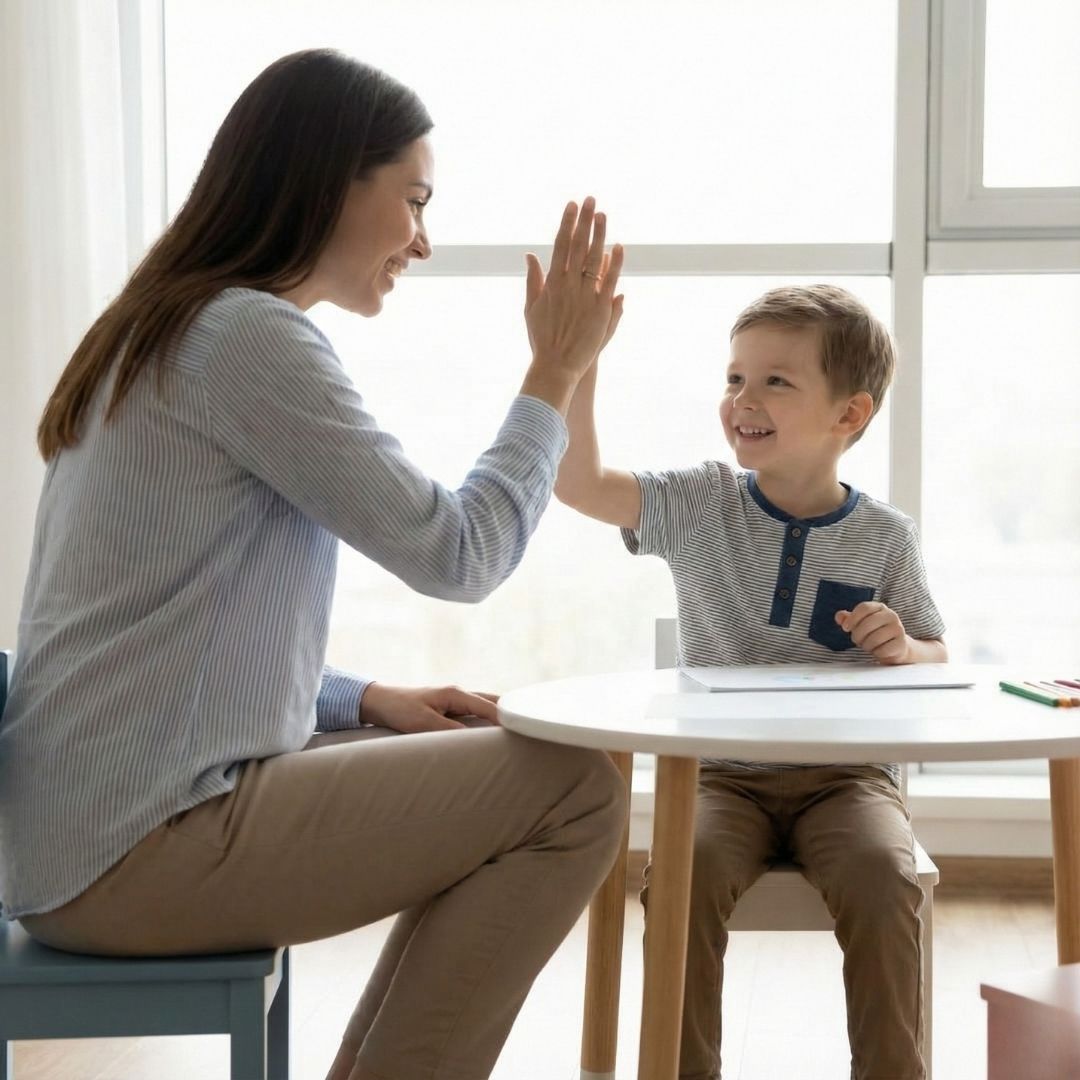 therapist and a smiling child give each other a high-five at a small table
