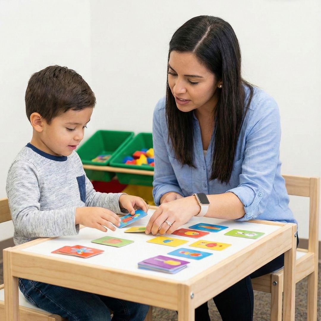 child participates in a focused skill-building activity with a therapist at a small table