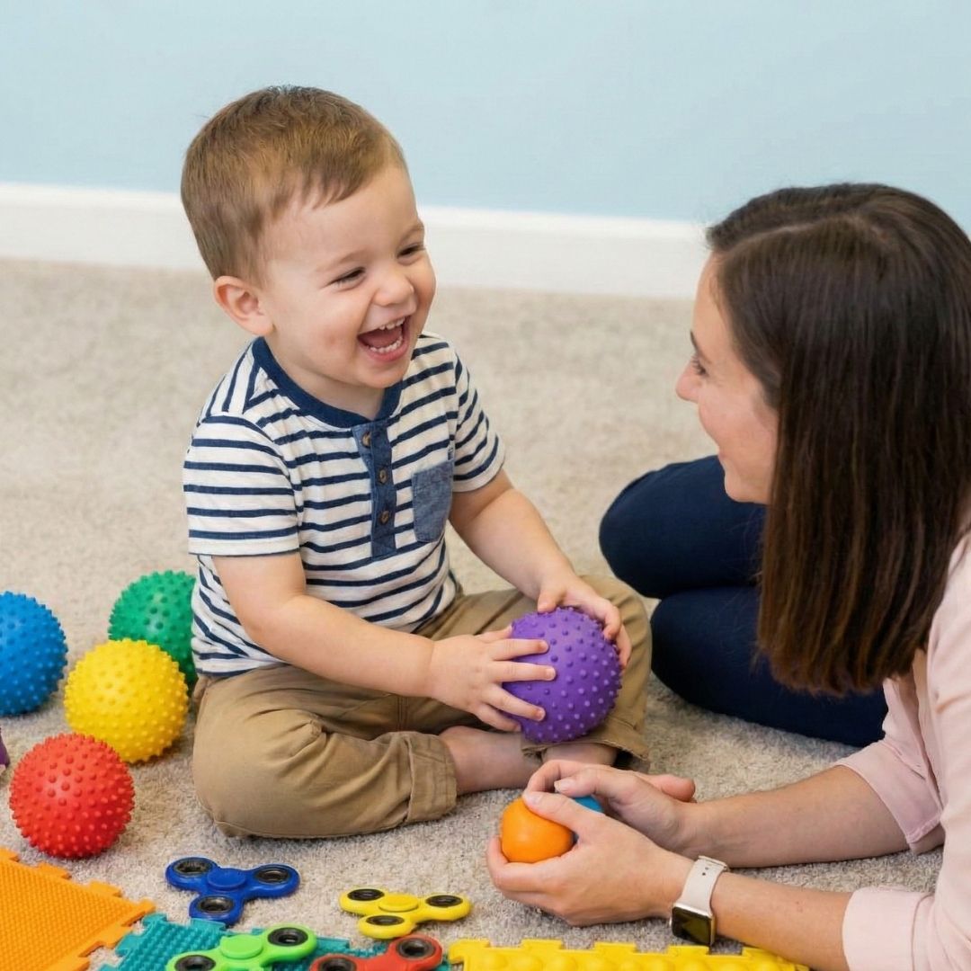 toddler laughing while playing with colorful sensory toys with a therapist on the floor