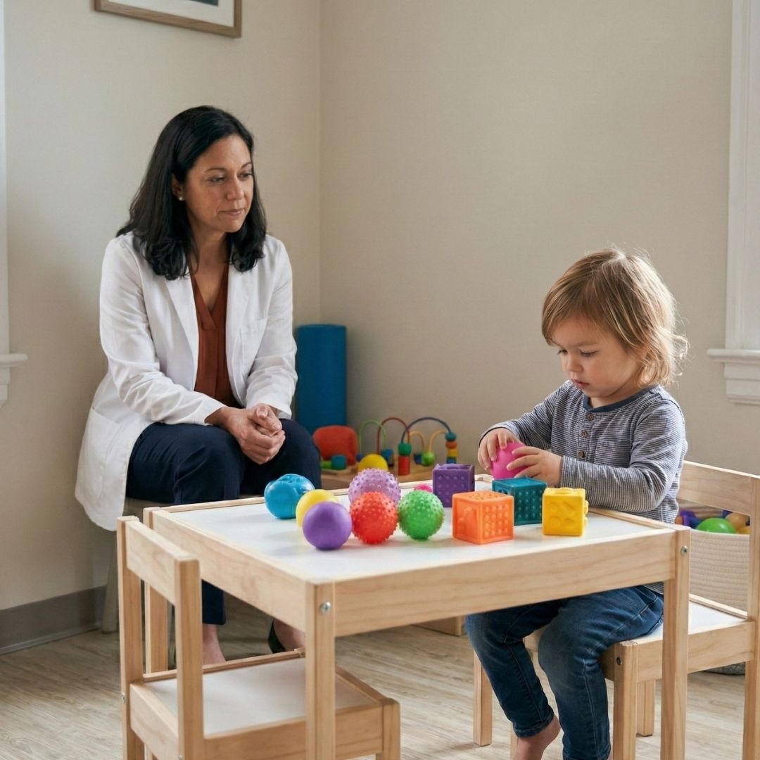child playing with toys on table during session