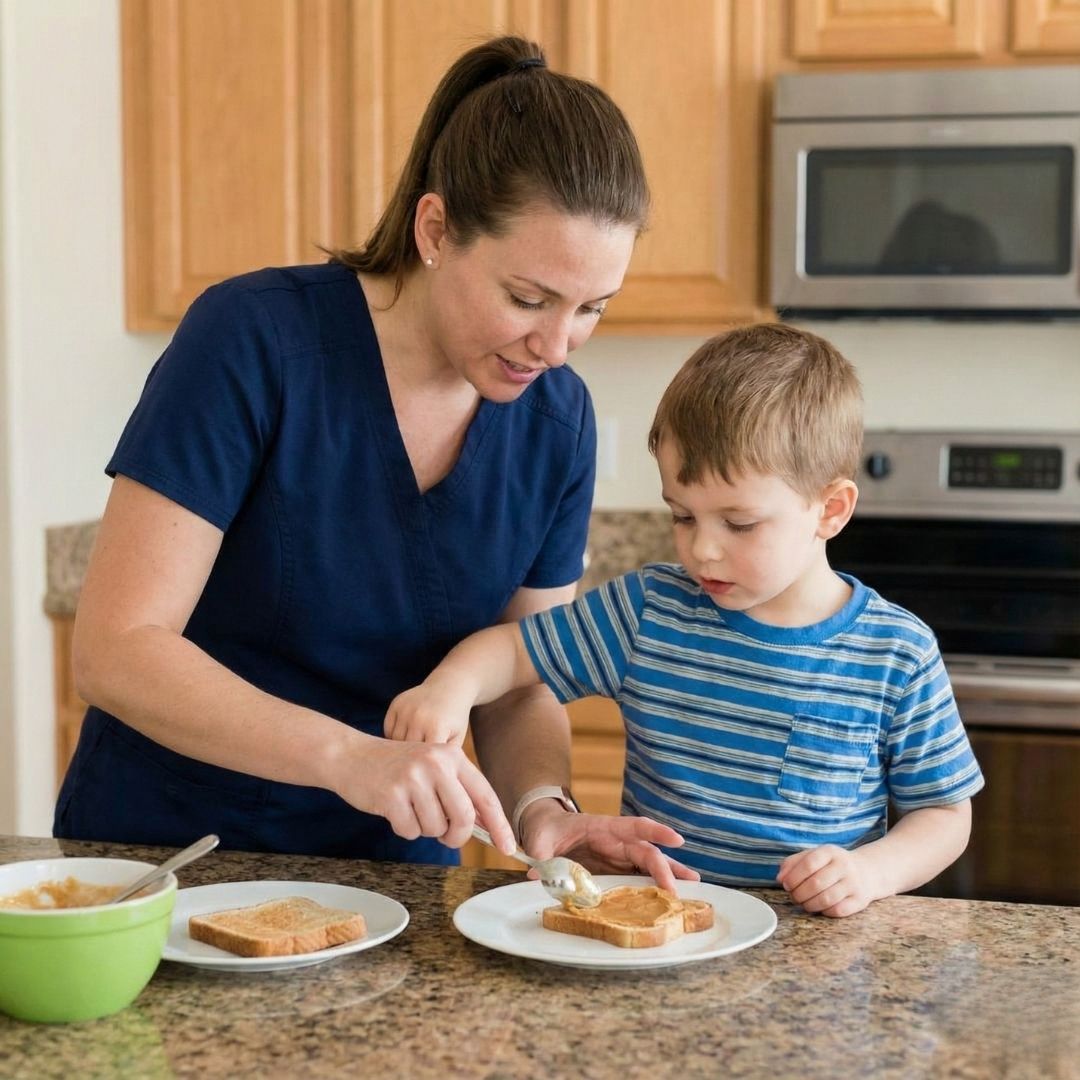 A therapist and a child are together in a kitchen, preparing a snack at the counter