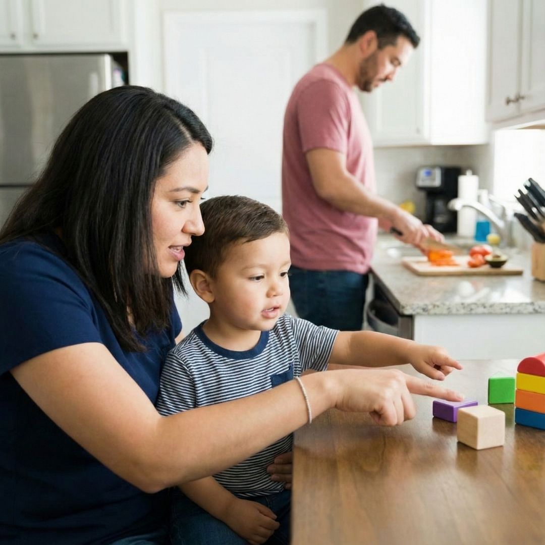 Therapy is integrated into daily family routine in a natural kitchen environment