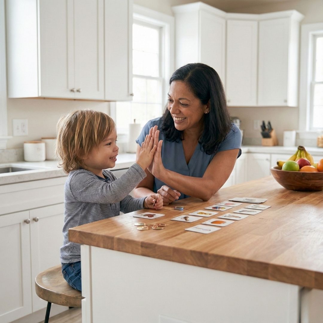 high-fiving child during card game