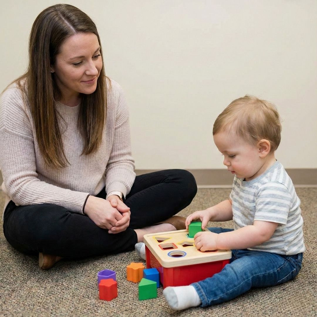 A therapist is sitting on the floor, observing a young toddler playing with a shape-sorting toy