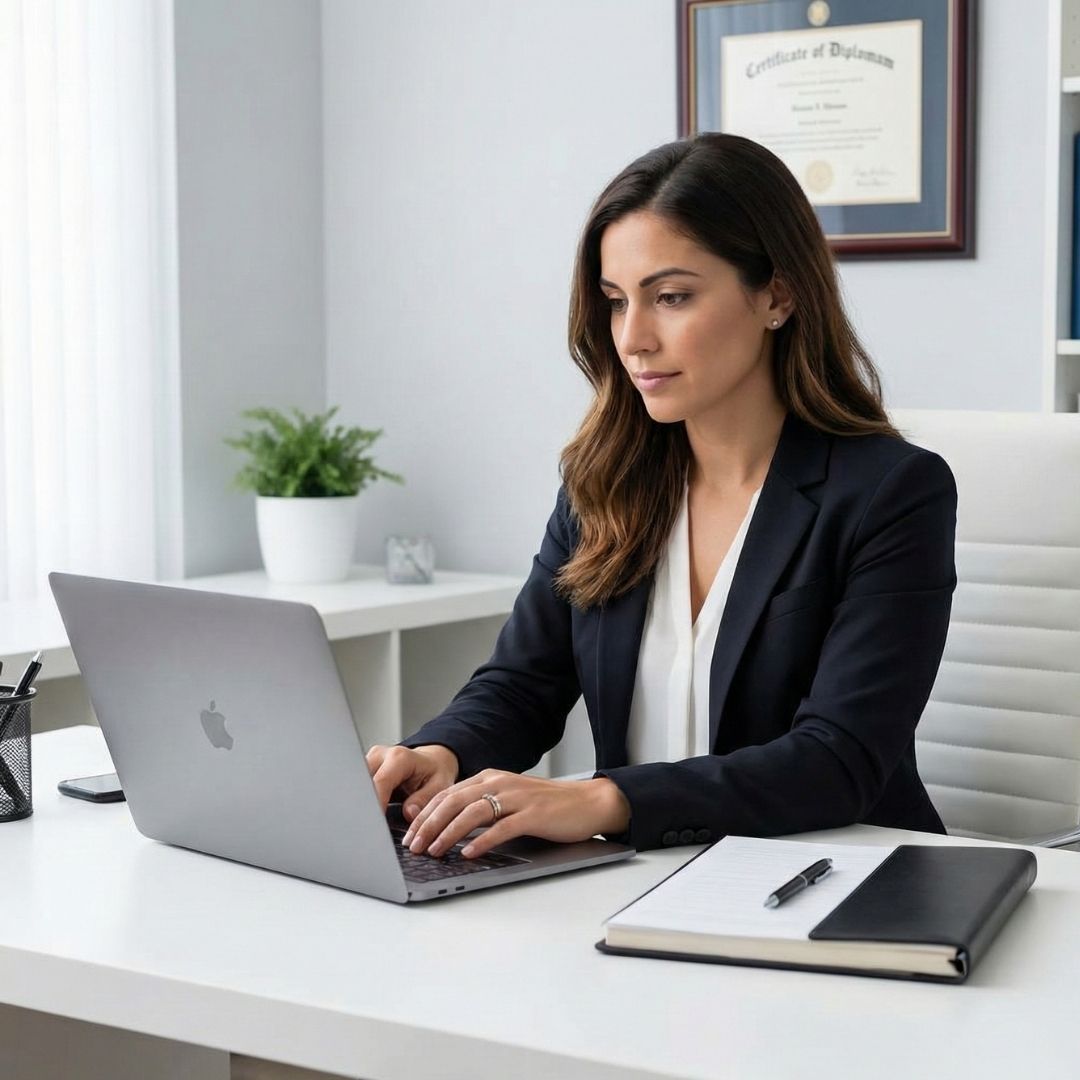 A focused female professional in a clinical office setting representing the high level of education and certification required for a BCBA.