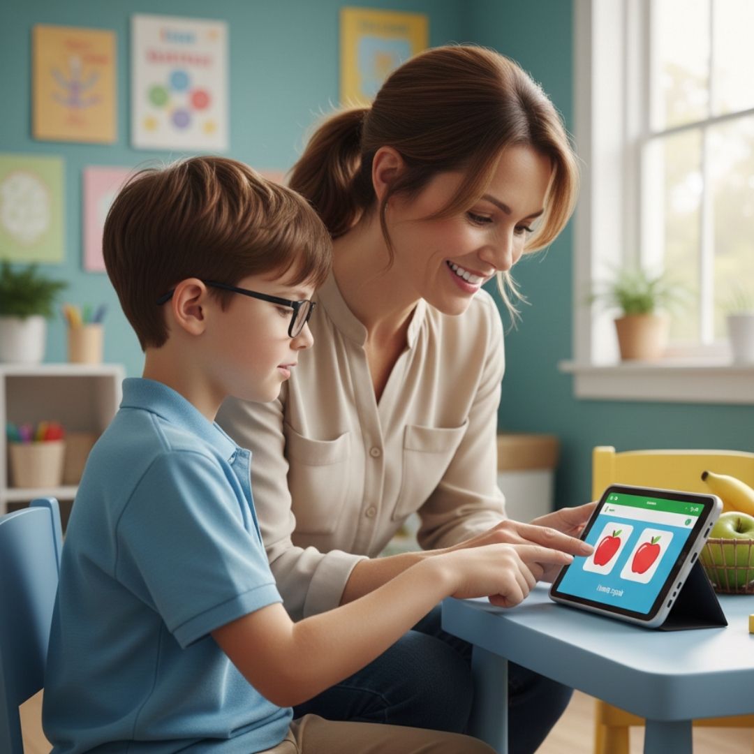 therapist working on communication skills with an autistic child 