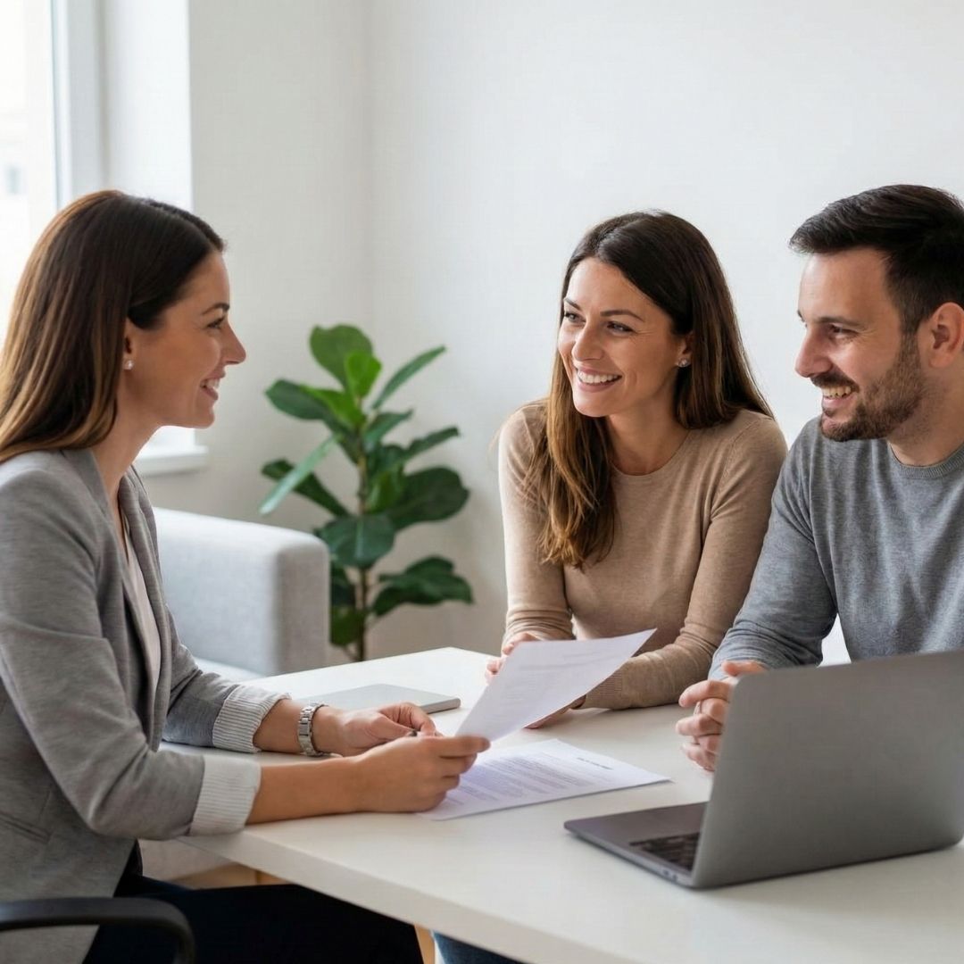A professional therapist and a couple sitting at a table, smiling and reviewing a document together during a collaborative meeting