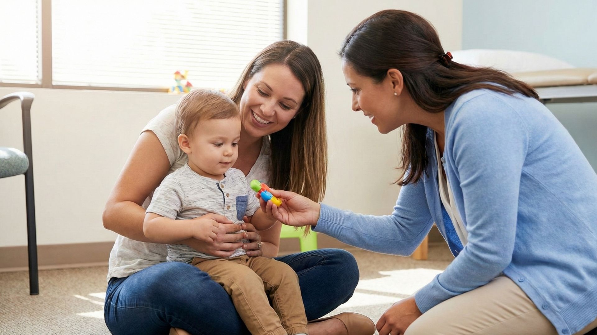 A pediatric specialist and a mother with her toddler son in a clinic