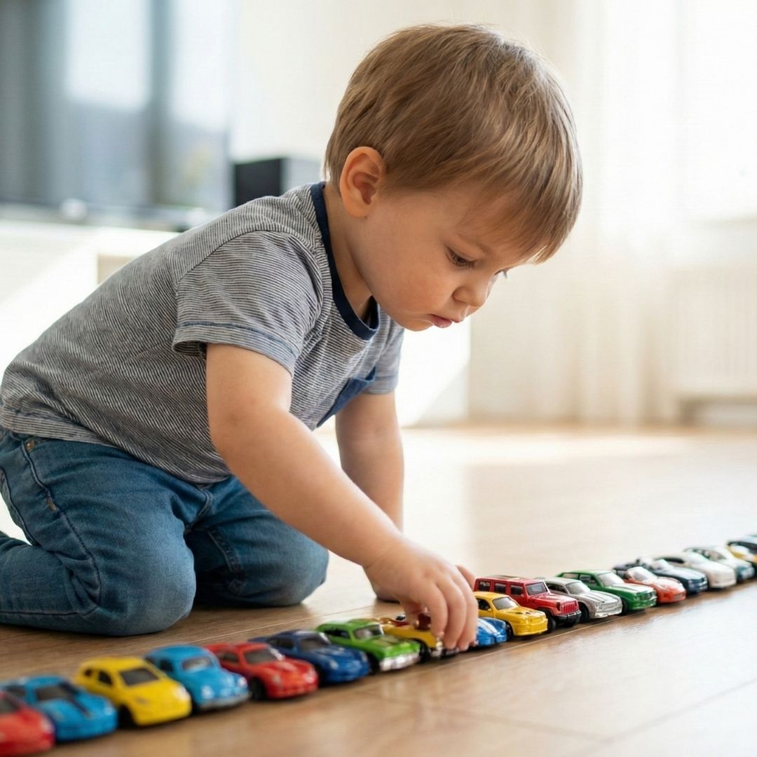 A toddler meticulously lining up toy cars, illustrating a repetitive behavior.