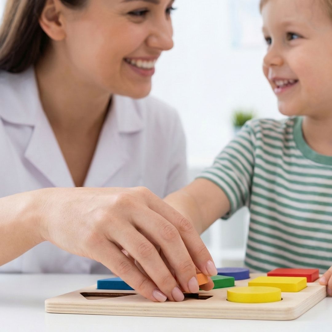 A close-up of a therapist and child collaboratively working on a puzzle, both smiling.