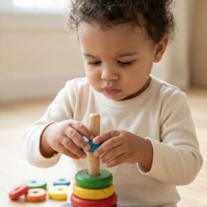 A focused young child playing with colorful wooden stacking rings.