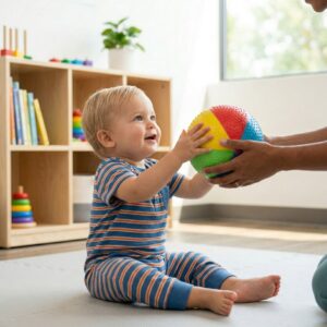 Close-up of a toddler's hands reaching for a colorful ball.