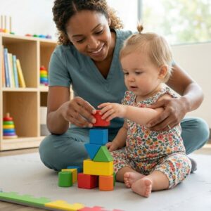 A pediatric therapist and a child building a tower with educational blocks.