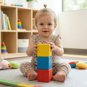 A toddler smiling and celebrating stacking three colorful wooden blocks.