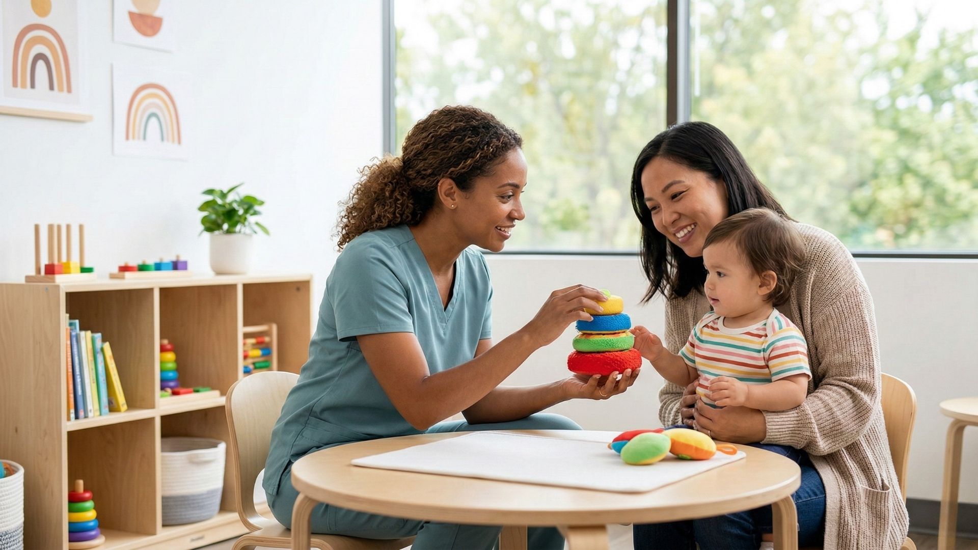 A compassionate pediatric specialist interacting with a toddler and parent in a clinic.