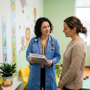 A pediatrician and a parent discussing a medical referral for ABA therapy.