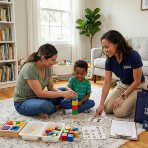 A parent and child practicing developmental skills together at home during a parent training session.