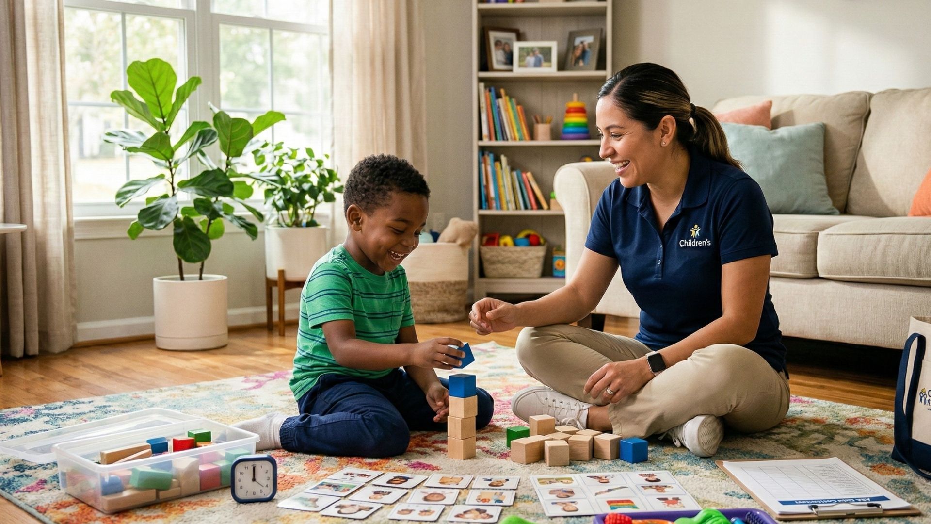 A professional therapist engaging with a child during an in-home ABA therapy session in a bright living room.