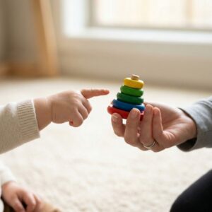 Close-up of a toddler pointing to a toy to share a social moment with a caregiver.