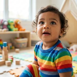 A young child showing an attentive facial expression in a professional developmental setting.