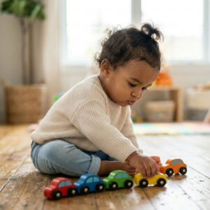 A toddler focused on organizing toy cars in a developmental play session.