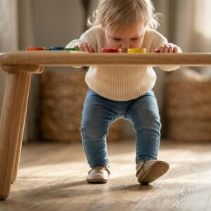 A toddler practicing walking by holding onto a table in a bright playroom.