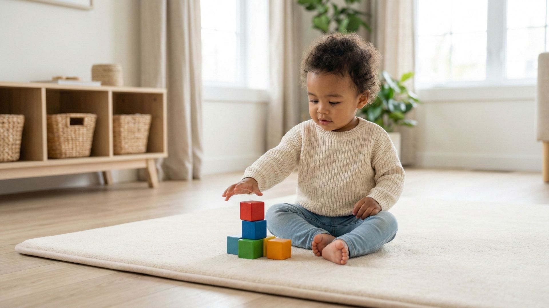 A 14-month-old toddler playing with wooden blocks in a bright, supportive environment.