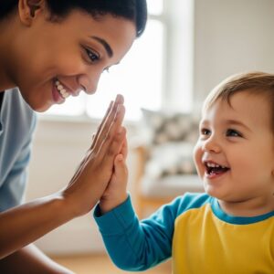 A caregiver giving a joyful high-five to a toddler as positive reinforcement.
