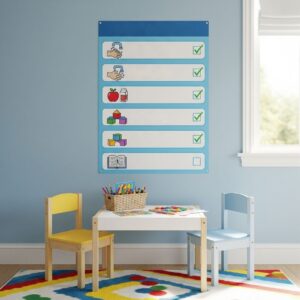 A clear and colorful visual schedule for children displayed on a playroom wall.