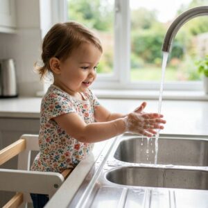 A toddler successfully washing their hands using a step stool at a sink.