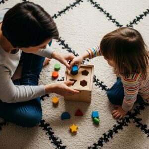 A parent and child playing together with a shape sorter toy on a rug.