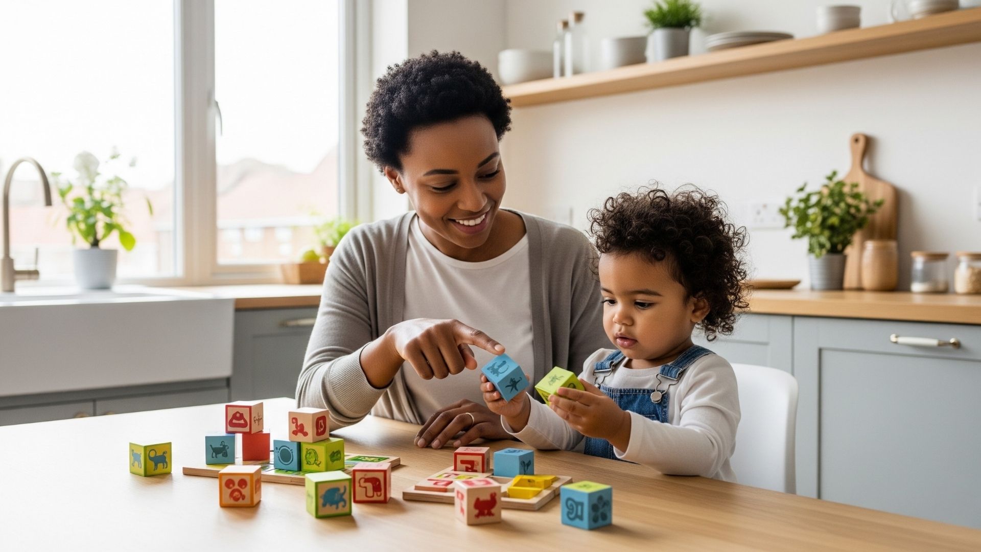 A diverse parent and child engaging in a supportive learning activity at home.