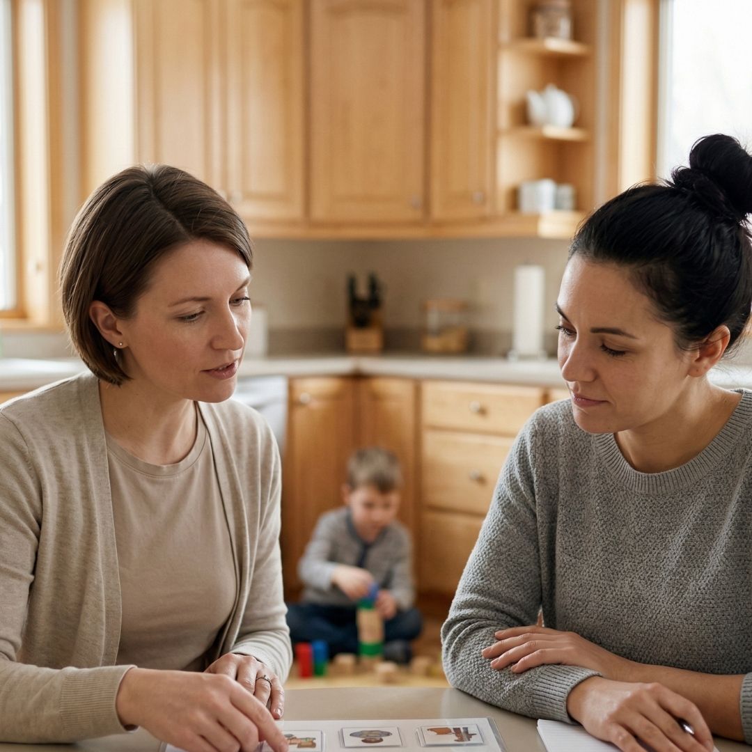 two adults talking with child playing beside them