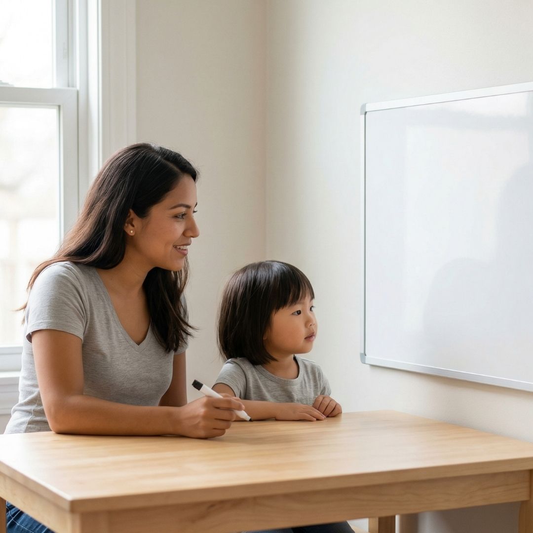 teacher and child looking at a whiteboard