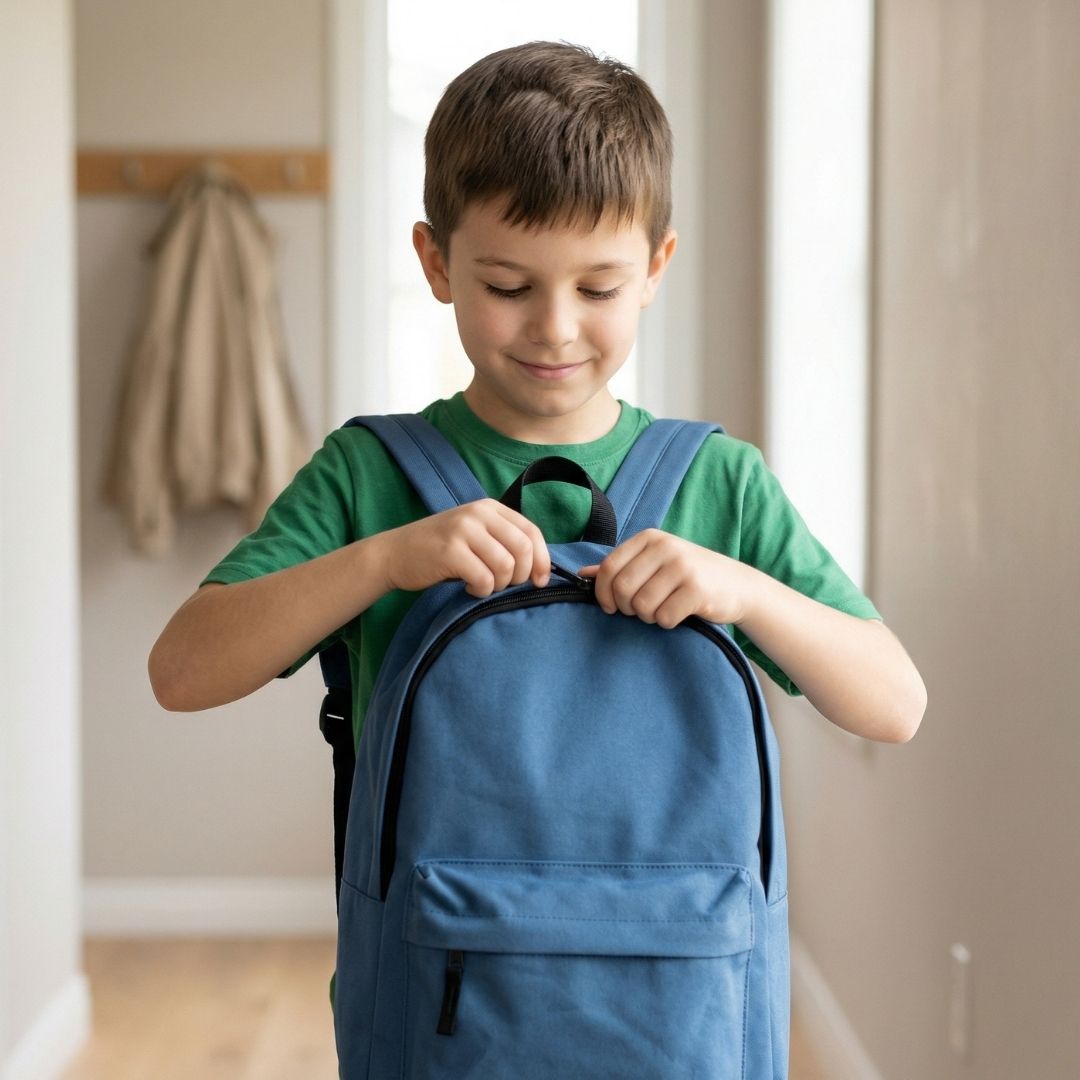 child zipping backpack