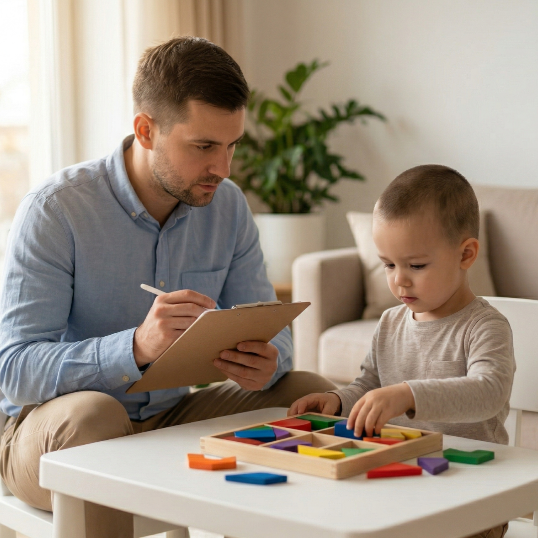 man with a clipboard and a child playing