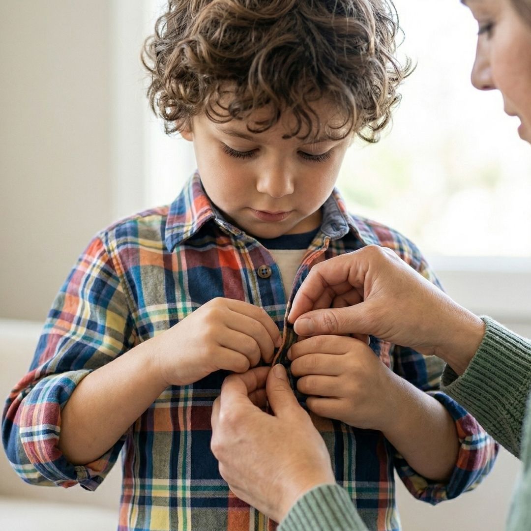 buttoning child's shirt
