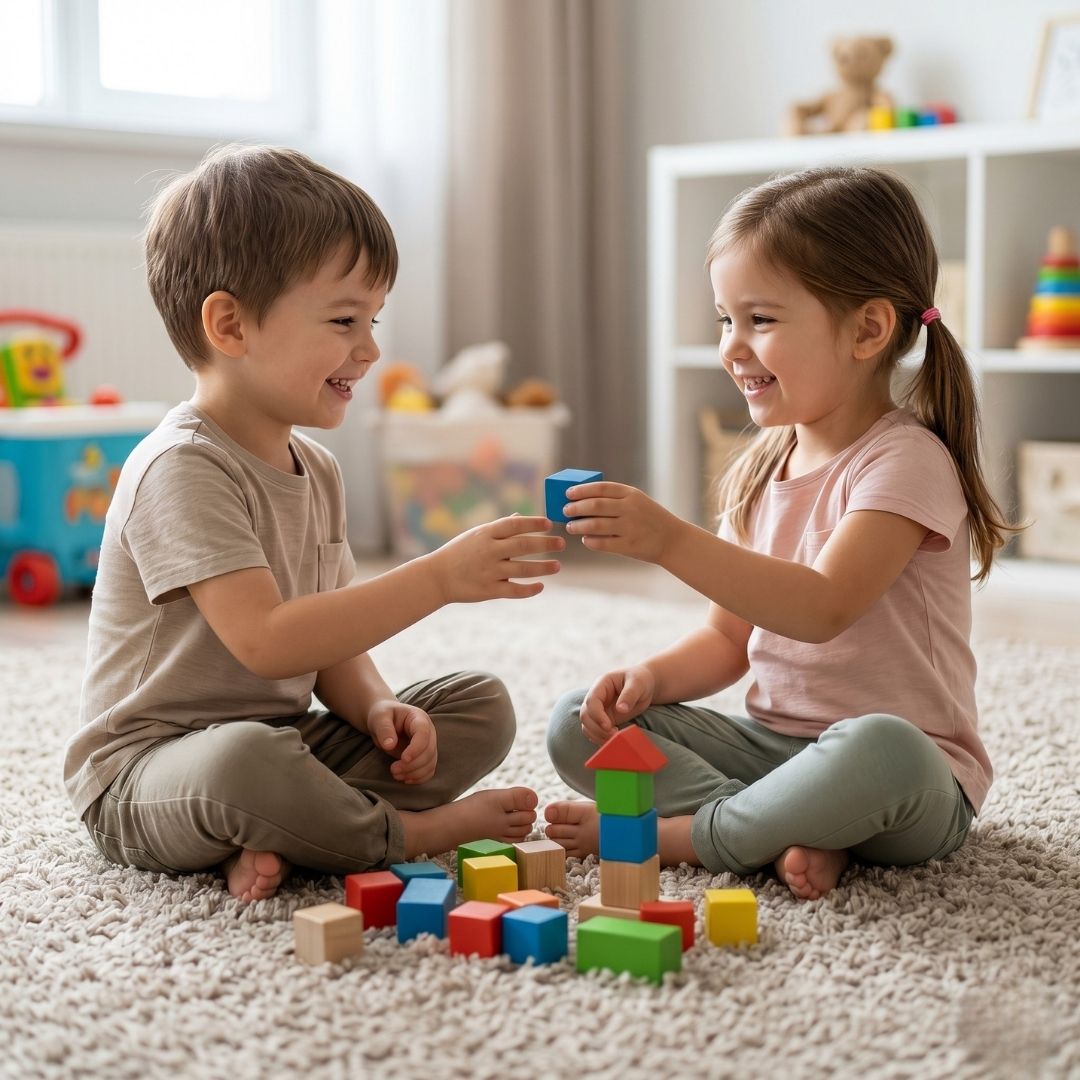 Two young children happily playing together with building blocks on a soft classroom rug.