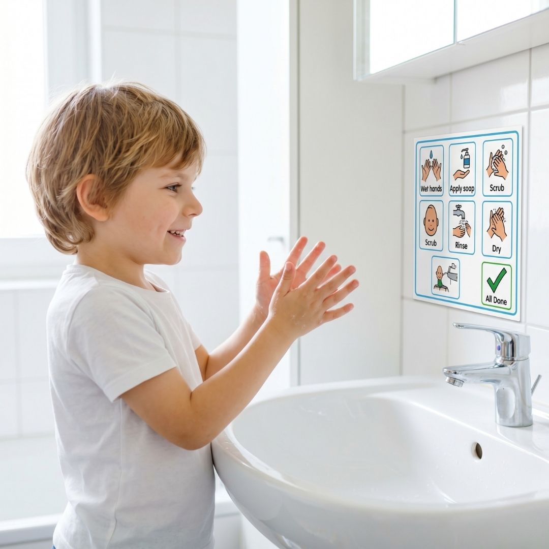 A young boy smiling proudly after successfully washing his hands at a child-sized bathroom sink.