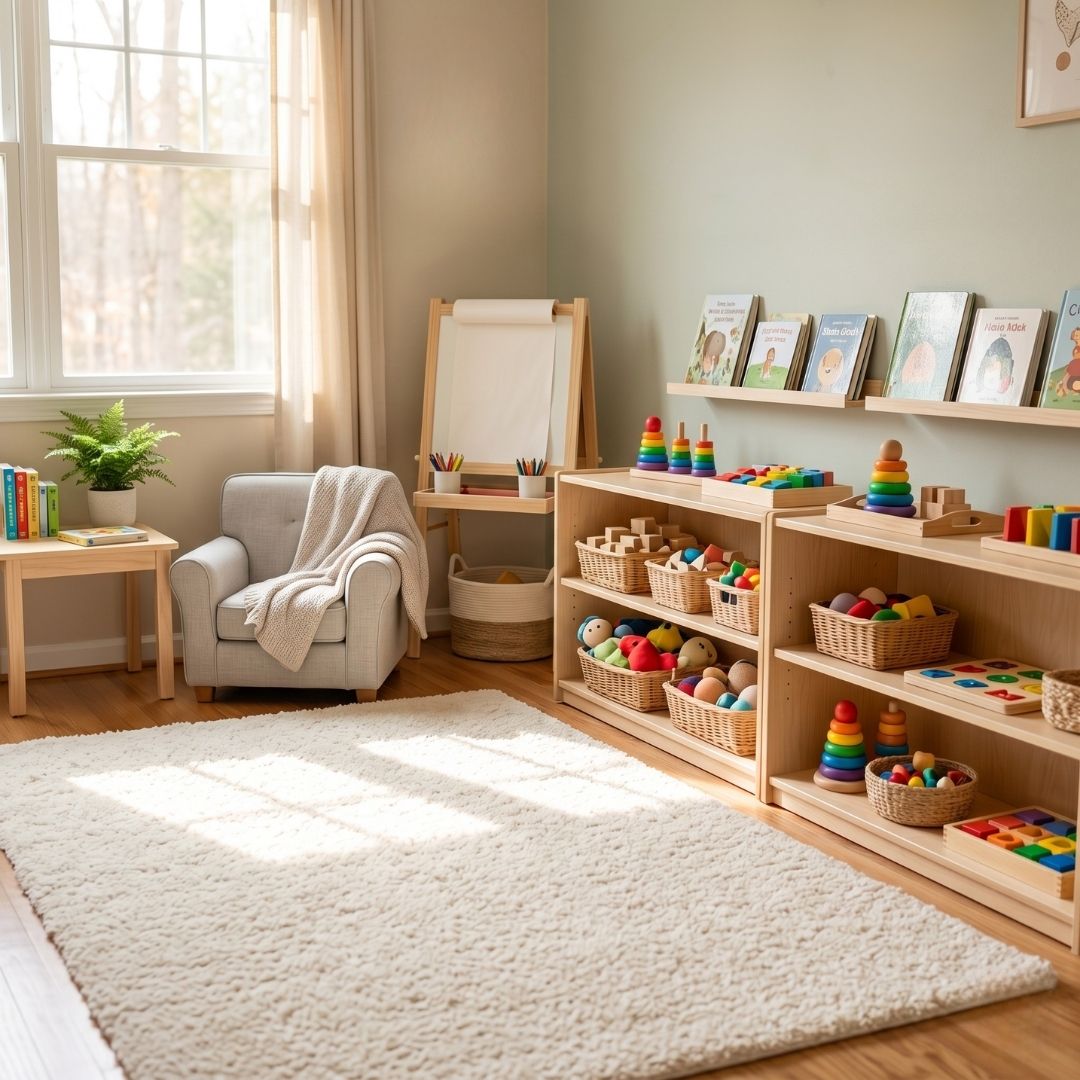 A bright, organized, and calming therapy room filled with sensory-friendly toys and natural sunlight.