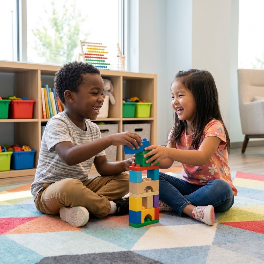 Two happy children sharing a toy during a social skills session in a modern classroom setting.